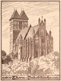 Wilhelm Thiele, Thorn Jakobikirche, Widok kościoła św. Jakuba w Toruniu, ok.1920; na verso „Thorn. Altes Schlosstor”, widok bramy zamkowej w Toruniu drzeworyt, wym. widoku 21