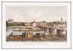 August Müller, Flösser in Oberschlesien bei Oppeln. Pfeilerbücke, Flisacy na tle panoramy Opola, ok. 1880 drzeworyt barwny