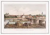 August Müller, Flösser in Oberschlesien bei Oppeln. Pfeilerbücke, Flisacy na tle panoramy Opola, ok. 1880 drzeworyt barwny