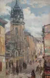 Erno Erb, Lwów. Katedra Wniebowięcia Najświętszej Marii Panny. Widok od ul. Ormiańskiej, olej, tektura