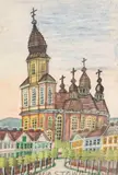 Nikifor Krynicki, Pejzaż miejski z budynkiem kościoła, koniec lat 50-tych XX w., akwarela, gwasz, papier, 27