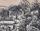 Ignacy Hirszfang, Motyw z południa Francji - Pejzaż z palmami, tusz, pędzel, papier beżowy, 23