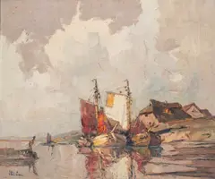Rudolf Priebe, Pejzaż z łodziami, olej, płyta, 50