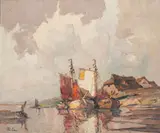 Rudolf Priebe, Pejzaż z łodziami, olej, płyta, 50