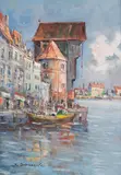 Gdańsk. Żuraw by Eugeniusz Dzierżencki, olej, płyta, sold Jan 2026
