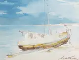 Łódź na brzegu by Marian Mokwa, akwarela, ołówek, papier, sold Jan 2026