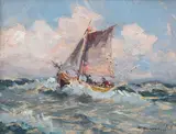 Łódź by Eugeniusz Dzierżencki, olej, tektura, 18, sold Jan 2026