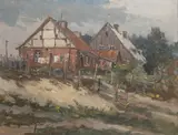 Chaty rybackie by Eugeniusz Dzierżencki, olej, tektura, sold Jan 2026