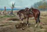 Jerzy Kossak, Koń nad ułanem, 1939 r., 1939, olej, tektura