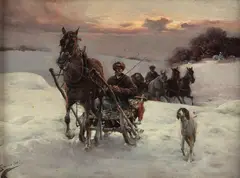 Jan Konarski, Zimowa sanna o zmierzchu, olej, deska