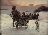 Jan Konarski, Zimowa sanna o zmierzchu, olej, deska