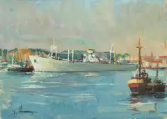 Antoni Suchanek, Port w Gdańsku, technika mieszana, tektura