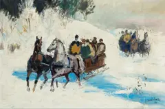 Józef Korolkiewicz, Saniami na polowanie, 1986 r., 1986, olej, płótno