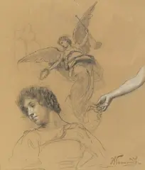 Henryk Siemiradzki, Szkice postaci Sławy z kurtyny Teatru Miejskiego we Lwowie, 1899 r., 1899, ołówek, gwasz, papier, 29