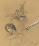 Henryk Siemiradzki, Szkice postaci Sławy z kurtyny Teatru Miejskiego we Lwowie, 1899 r., 1899, ołówek, gwasz, papier, 29