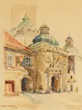 Irena Nowakowska-Acedańska, Kruchta Bazyliki w Częstochowie, 1958 r., 1958, akwarela, papier, 40