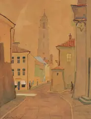 Widok na dzwonnicę kościoła św. Janów w Wilnie by Adam Międzybłocki, akwarela, papier, 22, sold Nov 2025