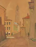 Adam Międzybłocki, Widok na dzwonnicę kościoła św. Janów w Wilnie, akwarela, papier, 22