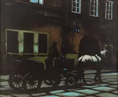 Antoni Fałat, Dorożka na starym mieście, 1980 r., 1980, olej, płótno, 50