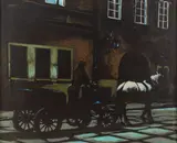 Antoni Fałat, Dorożka na starym mieście, 1980 r., 1980, olej, płótno, 50
