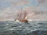 Żaglowce na wzburzonym morzu by Eugeniusz Dzierżencki, olej, płótno, sold Nov 2025