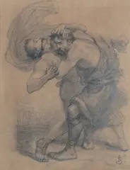 Jan Styka, Ursus walczy z Krotonem – szkic do „Quo vadis”, ołówek, papier