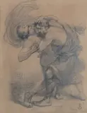 Jan Styka, Ursus walczy z Krotonem – szkic do „Quo vadis”, ołówek, papier