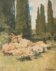 Iwan Trusz, Pejzaż z cyprysami, 1926 r., 1926, olej, tektura