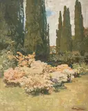 Iwan Trusz, Pejzaż z cyprysami, 1926 r., 1926, olej, tektura