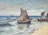 Rybacy dobijają do lądu, przed 1956 r. by Eugeniusz Dzierżencki, olej, płótno, sold Nov 2025