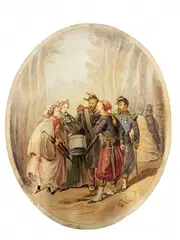 Juliusz Kossak, Spotkanie, akwarela, papier; 22
