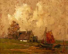 Rudolf Priebe, Łódź przy brzegu, olej, płyta pilśniowa