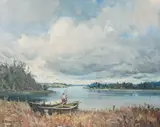 Henryk Baranowski, Pejzaż z jeziorem, olej, płyta
