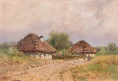 Przydrożne chaty by Adam Setkowicz, olej, tektura, sold Oct 2025
