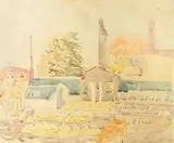 Maria Winiarska, Zabudowania przy browarze, 1950 r., 1950, akwarela, papier