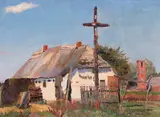 Wilhelm Tyszkowski, Karwia - pejzaż wiejski z chatą, 1921, 1921, olej, tektura