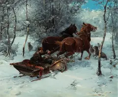 J. Konarski, Napad wilków, olej, płótno