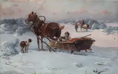 Jan Konarski, W drodze na polowanie, olej, tektura