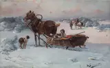 Jan Konarski, W drodze na polowanie, olej, tektura