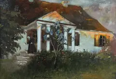 Bronisława Rychter-Janowska, Dworek w zachodzącym słońcu, olej, tektura