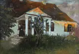 Bronisława Rychter-Janowska, Dworek w zachodzącym słońcu, olej, tektura