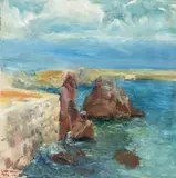 Stanisław Batowski-Kaczor, Pejzaż z Riwiery Opatijskiej - Lowran, 1908 r., 1908, olej, płótno naklejone na tekturę