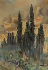 Adam Batycki, Cyprysy, 1929 r., 1929, akwarela, papier