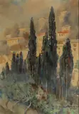 Adam Batycki, Cyprysy, 1929 r., 1929, akwarela, papier