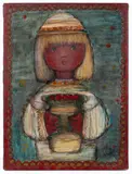 Dziewczynka z owocami, 1990 r. by Maria Urban-Mieszkowska, 1990, olej, płótno, sold Oct 2025
