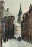 Widok na Zamek Królewski z ul. Świętojańskiej by Władysław Chmieliński, olej, płótno, sold Oct 2025