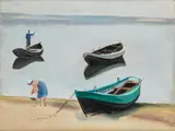 Maria Ewa Łunkiewicz-Rogoyska, Łodzie / Na plaży (praca dwustronna), lata 30. XX w., olej, płyta