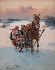 J. Konarski, Na drodze, olej, tektura