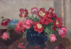 Tulipany (inny tytuł: Przekwitłe tulipany), lata 30. XX w. by Alfons Karpiński, olej, tektura, sold Sep 2025