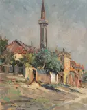 Warna. Meczet by Eugeniusz Dzierżencki, olej, tektura, sold Sep 2025